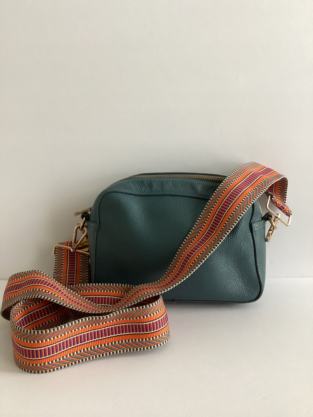 Pom Pom London Pebbled Leather Crossbody Bag Blue Camera Bag Woven Strap